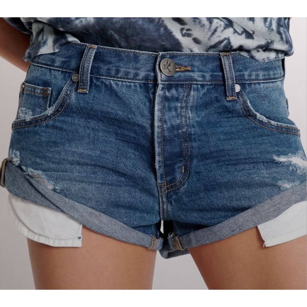 One Teaspoon Blue Distressed Bandit Denim Shorts